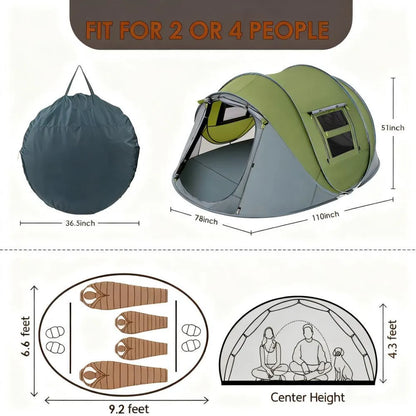Family Instant Cabin Tent, Spacious 4-Person Pop-Up with 2 Doors