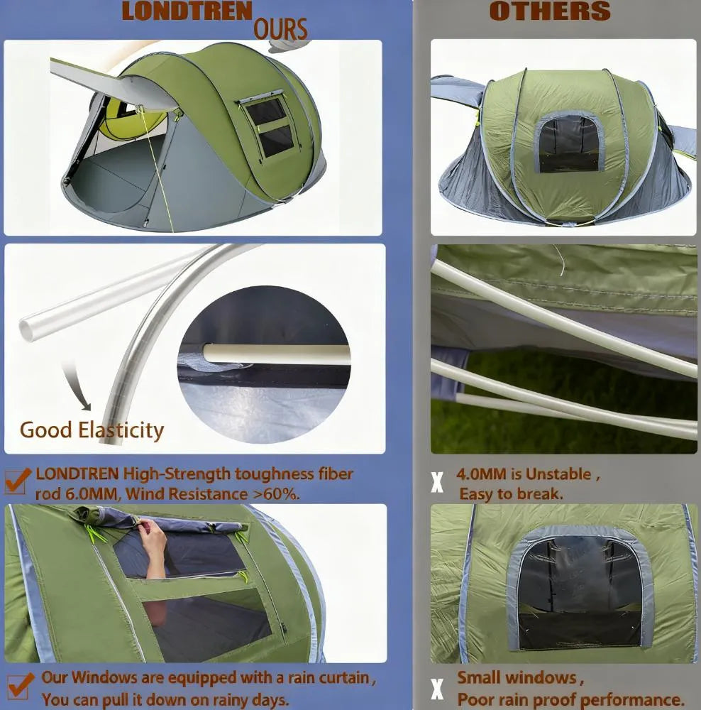 Family Instant Cabin Tent, Spacious 4-Person Pop-Up with 2 Doors